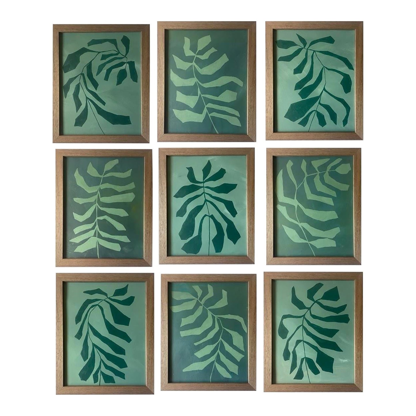 2026 Contemporary Set of Nine Abstract Fern Paintings on Paper Framed in Walnut Frames