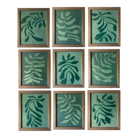 2026 Contemporary Set of Nine Abstract Fern Paintings on Paper Framed in Walnut Frames