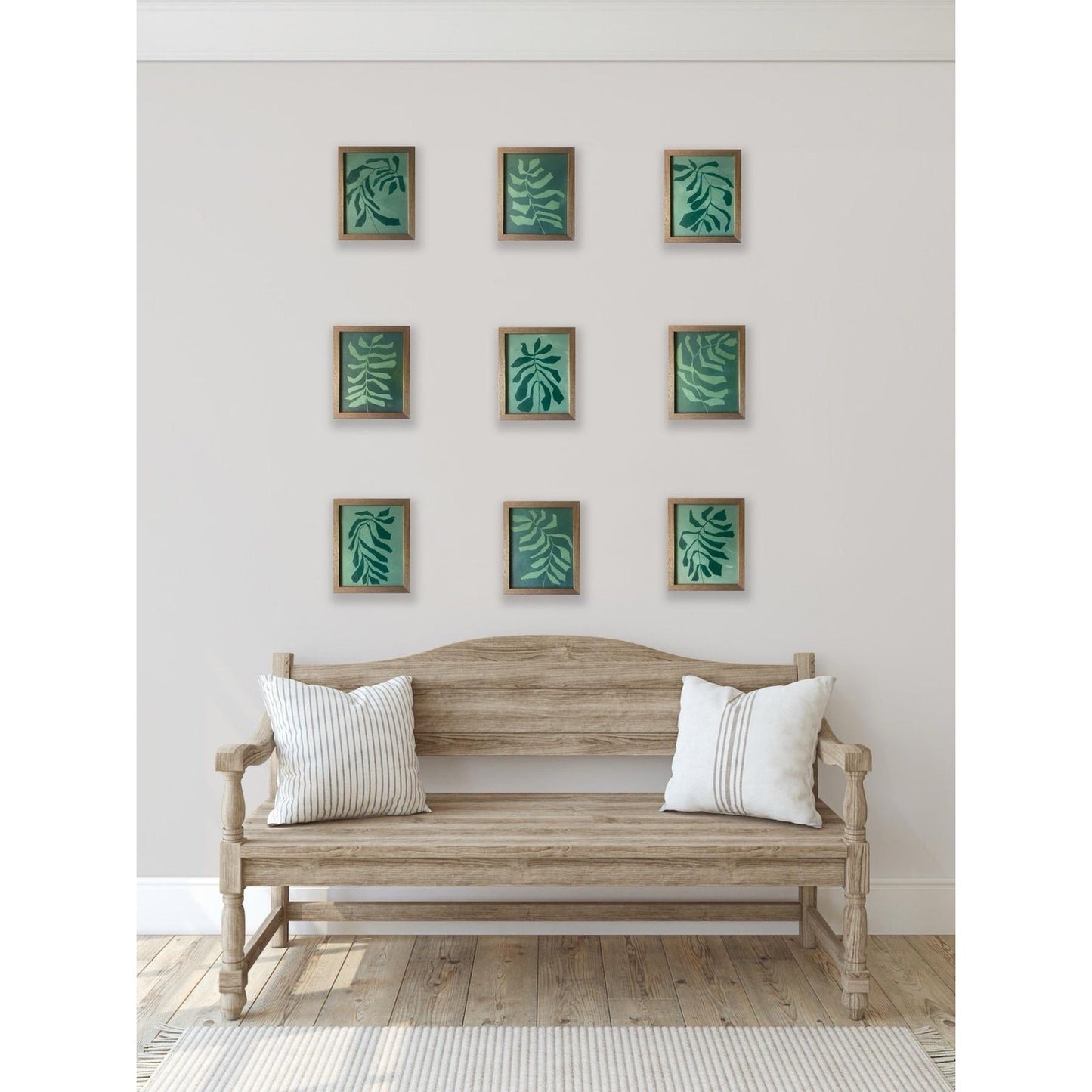 2026 Contemporary Set of Nine Abstract Fern Paintings on Paper Framed in Walnut Frames
